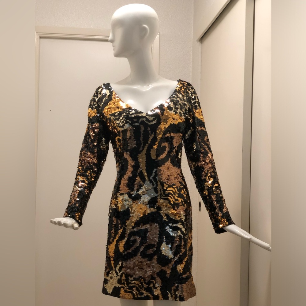 Vintage Beautiful Oleg Cassini Black Tie Leopard Sequins Long Sleeve Mini dress